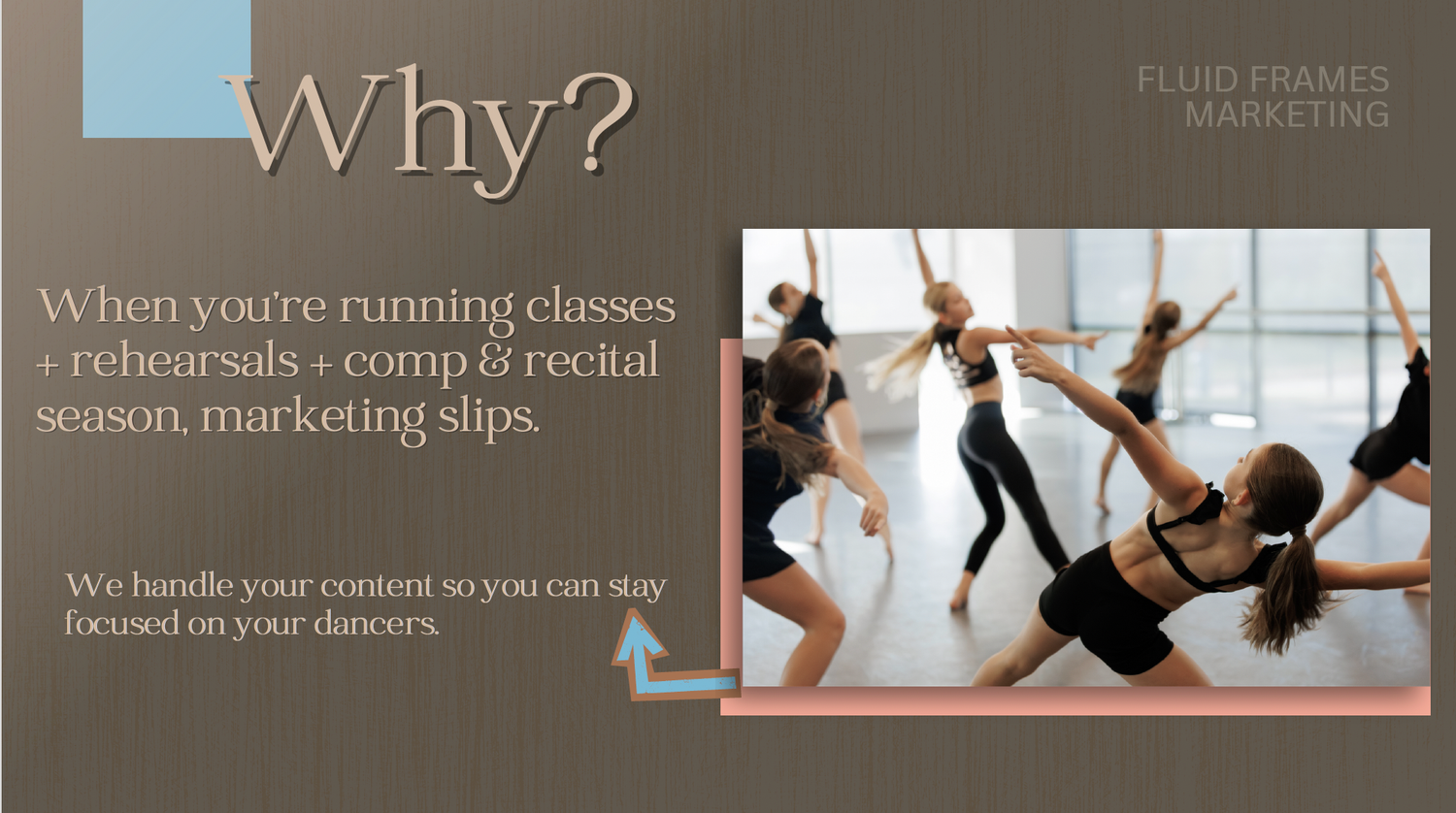 Dance studio marketing slide showing why Fluid Frames handles content so instructors can focus on teaching classes and recitals.