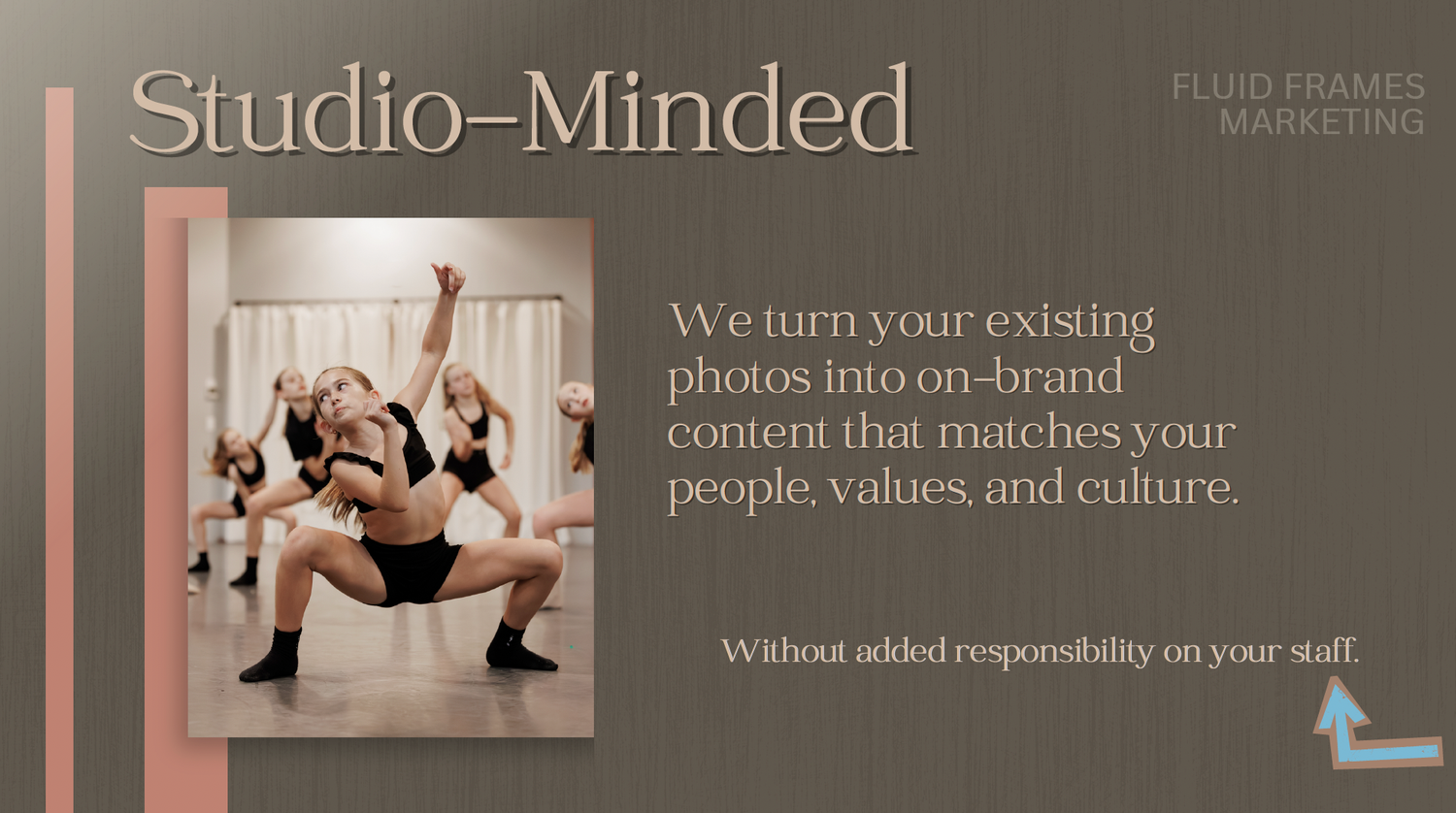 Studio-Minded marketing slide showing dancers in a studio with brand content creation service description.