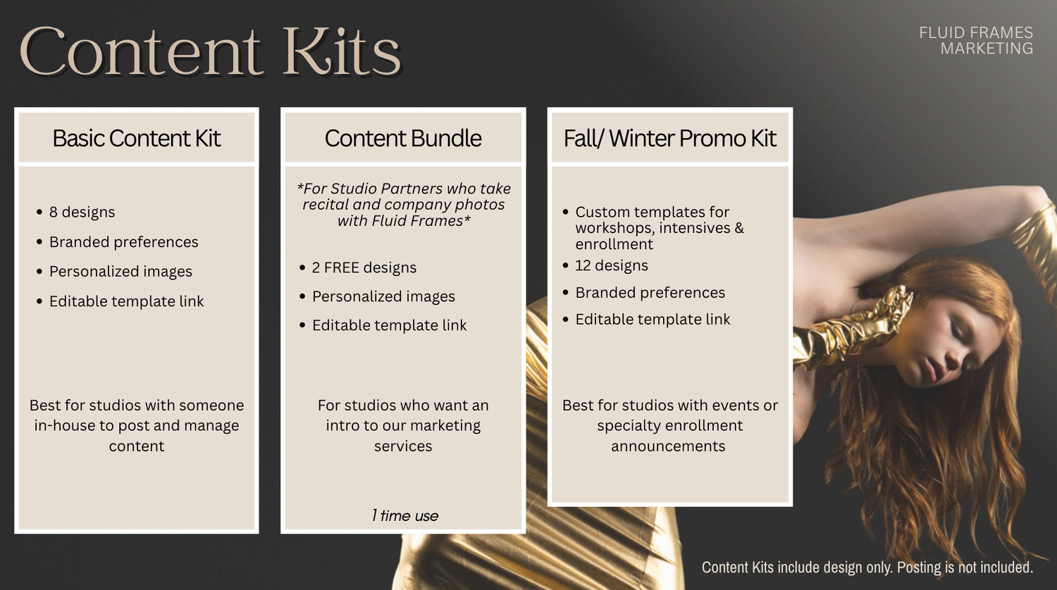 Marketing slide showcasing three content kit packages for studios, featuring elegant design with a woman portrait.