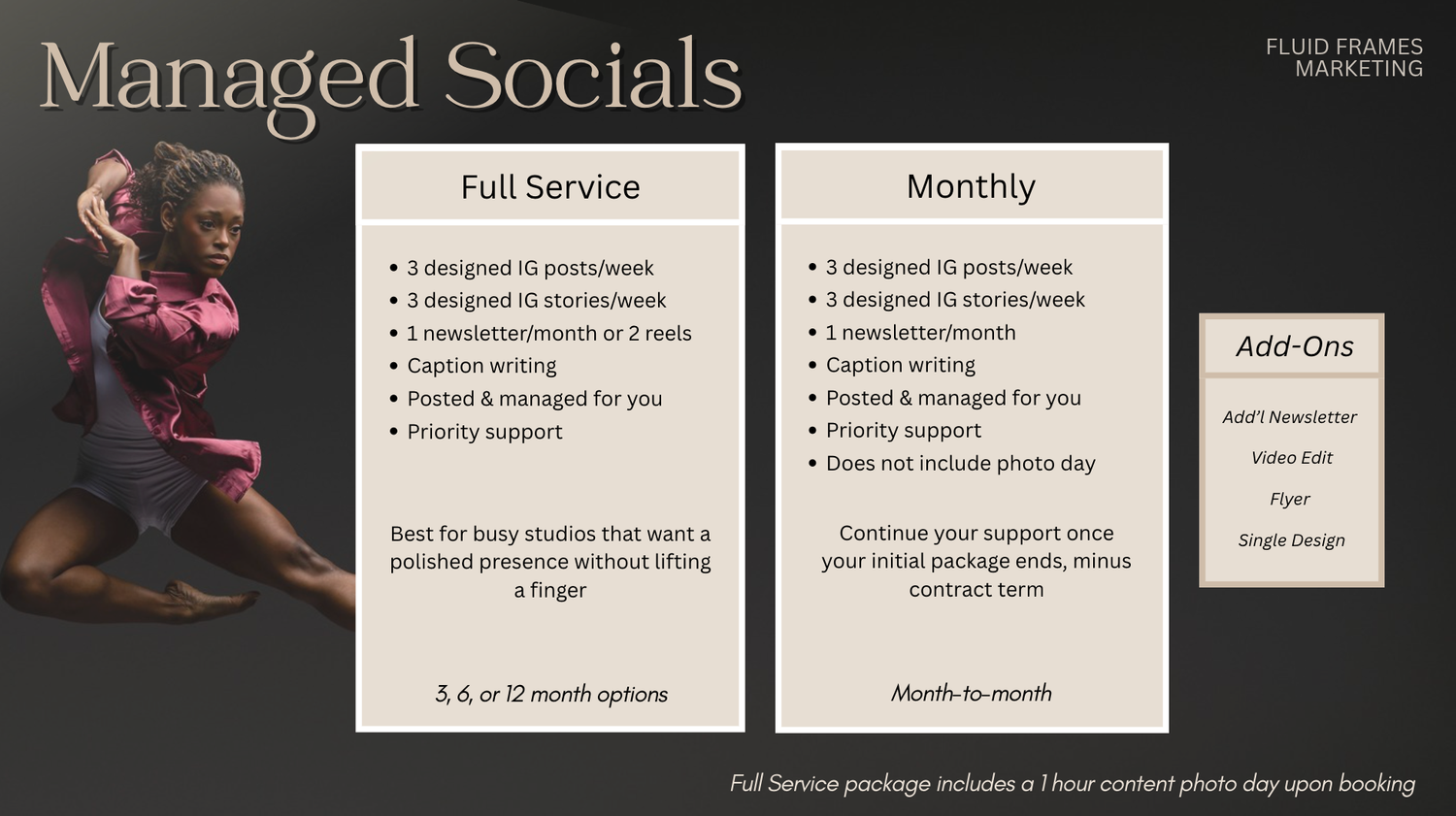 Managed Socials marketing package comparison chart showing Full Service and Monthly plans for social media management services.