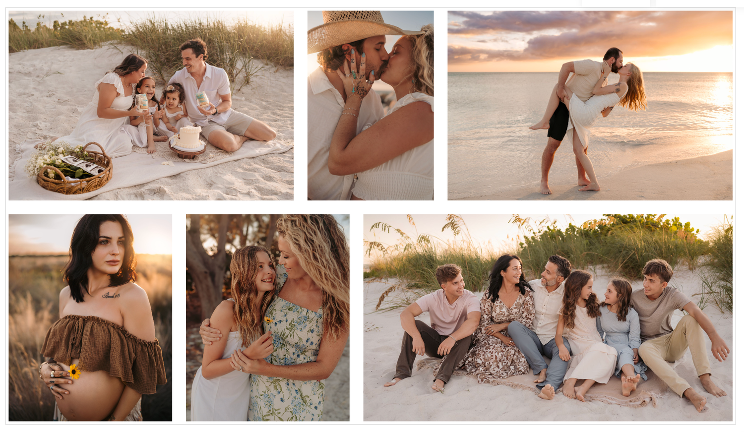 Anna Maria Island and Sarasota photography collage featuring family, maternity, and couples sessions