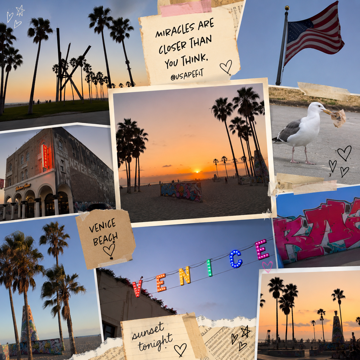 A Venice Beach collage featuring palm trees, a stunning sunset, an American flag, a seagull, and colorful street art at dusk.