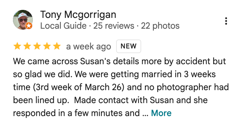 Five-star Google review from Tony McGorrigan praising photographer Susan for quick response and availability for a wedding in March.