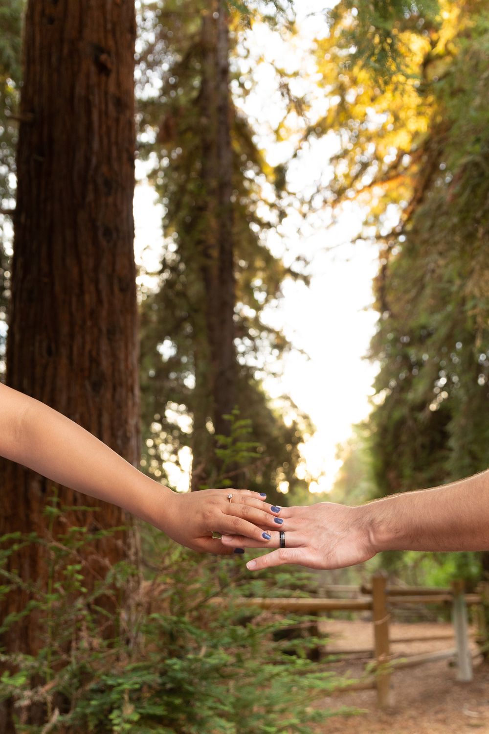 Couple holding their hands in the air showing their engagement rings
