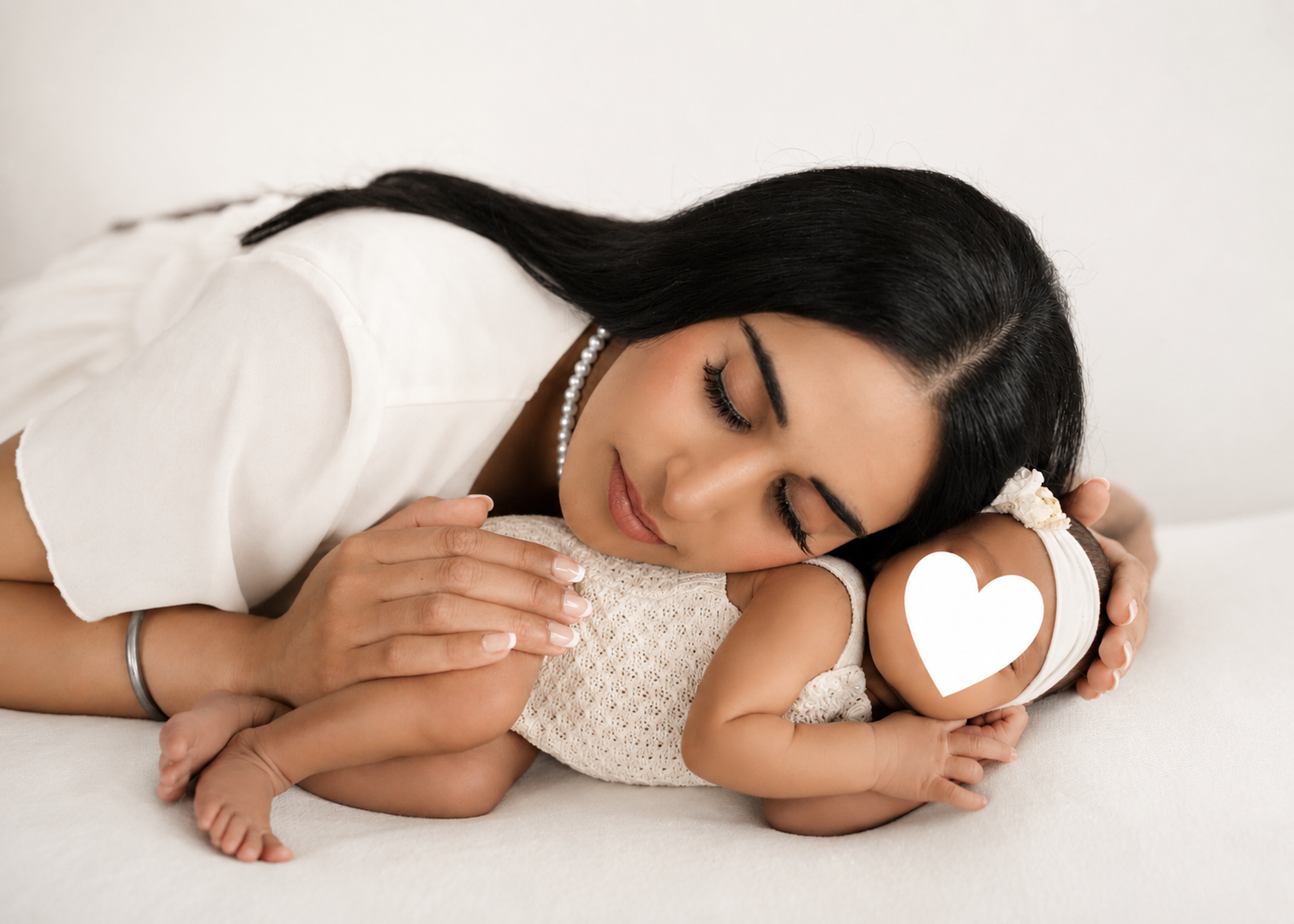 Mother cuddling her sleeping newborn during a newborn photography session in Osoyoos, BC. Soft neutral tones and natural light.