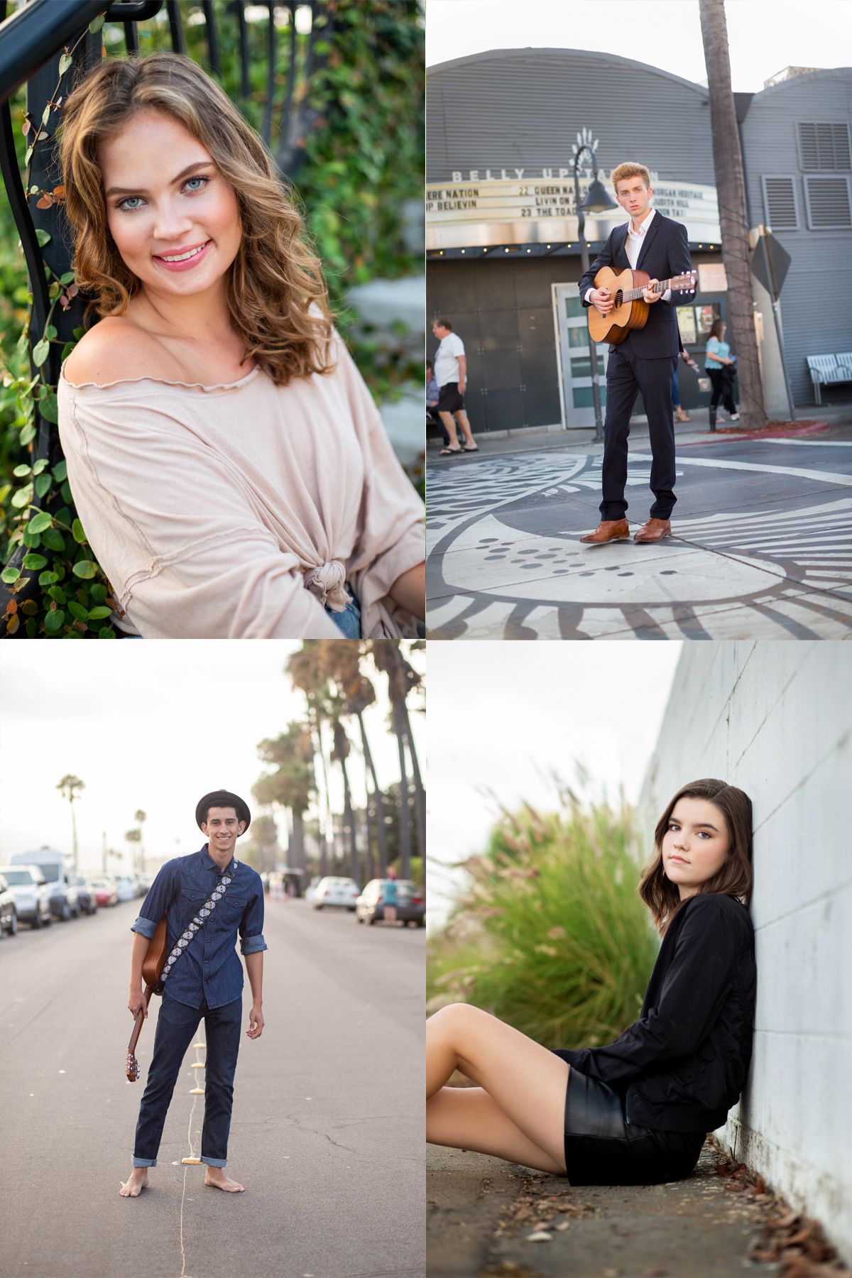 Professional lifestyle portraits and headshots captured outdoors with palm trees and urban settings in California.