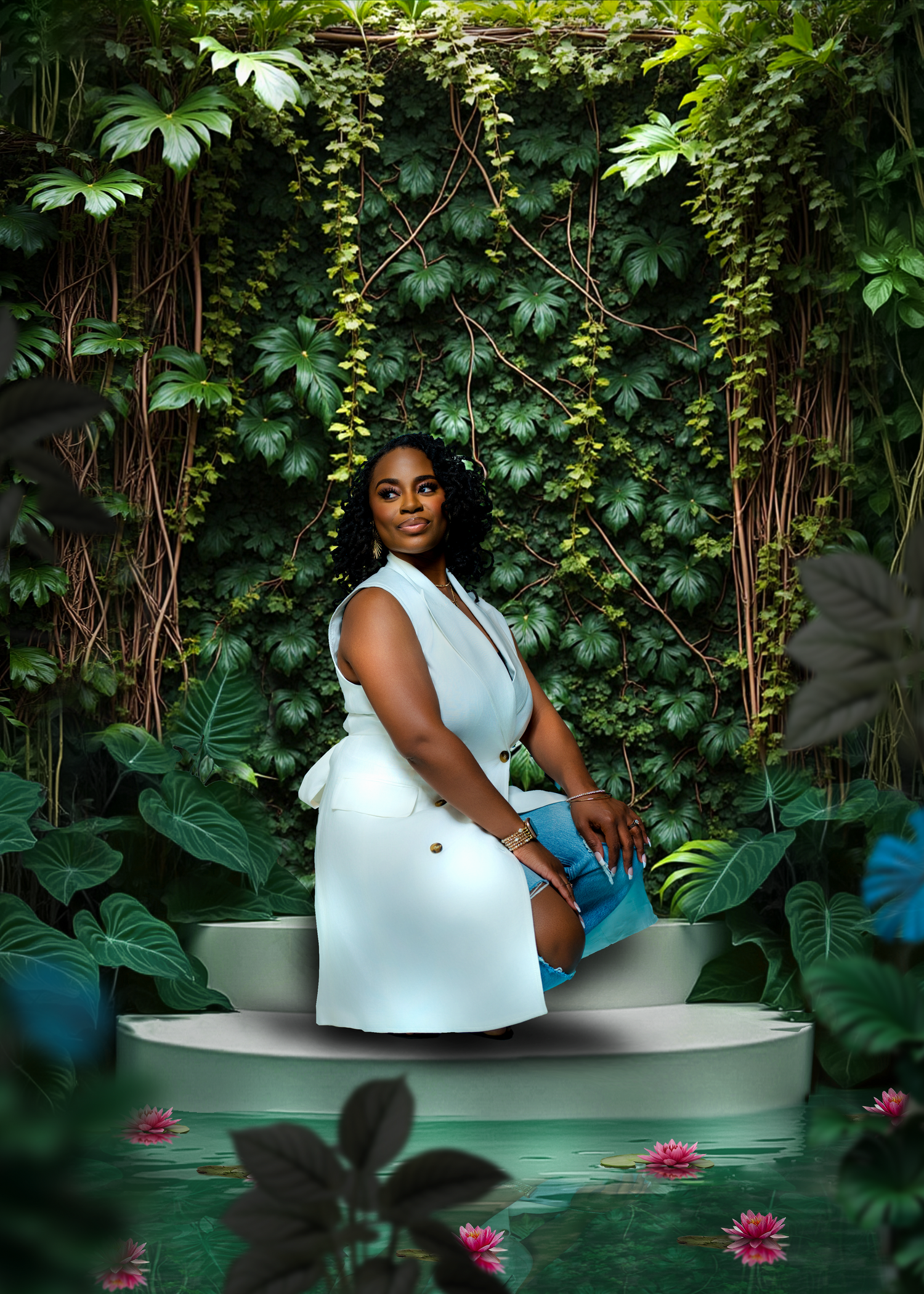 Promotional poster for Branching Out podcast hosted by Nikita DeWitt, featuring a woman in white dress seated among lush greenery.