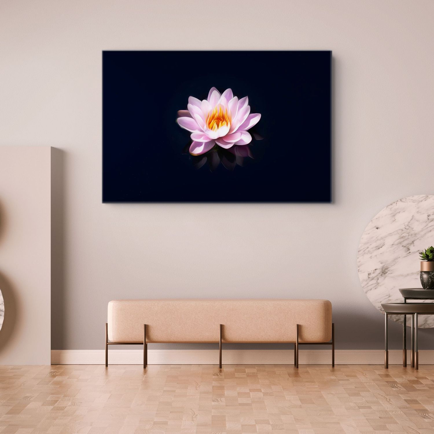 Single pink water lily with yellow center on dark background as large canvas art in minimalist hallway.