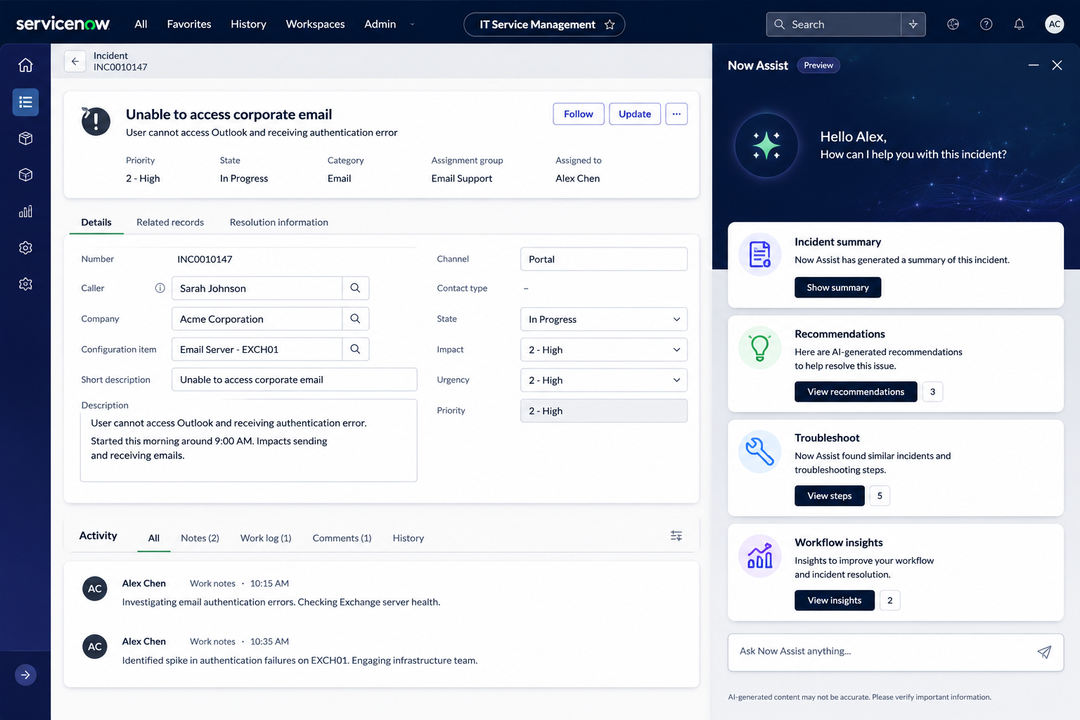 ServiceNow IT Service Management dashboard showing a corporate email access issue ticket with AI-powered virtual agent assistance.