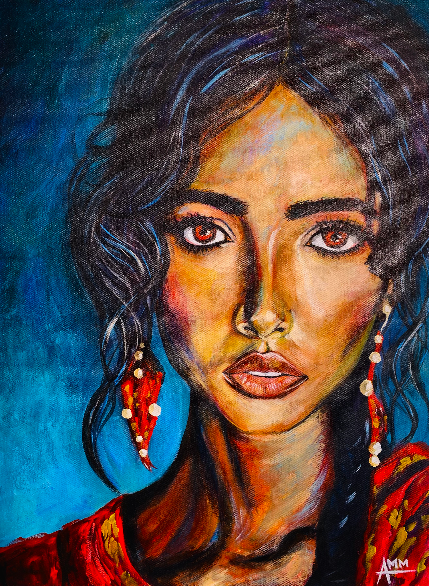 Vibrant acrylic portrait painting of a woman with dark hair, brown eyes, red earrings, and a nose ring on blue background.