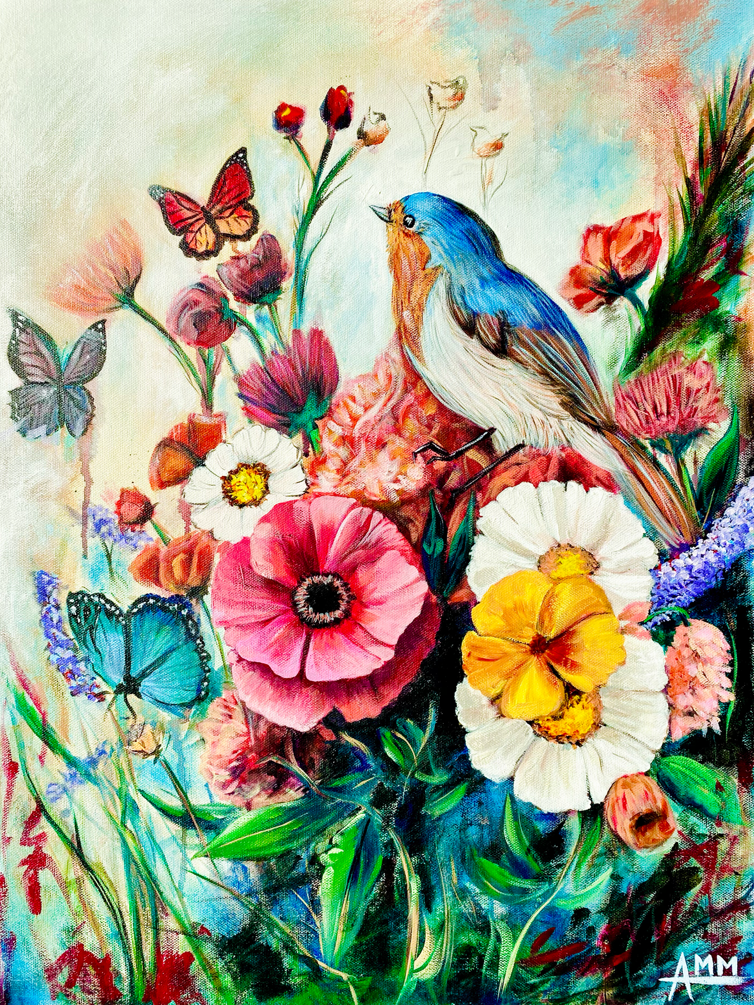 Vibrant painting of colorful wildflowers with a bluebird and butterflies in a lush garden setting.