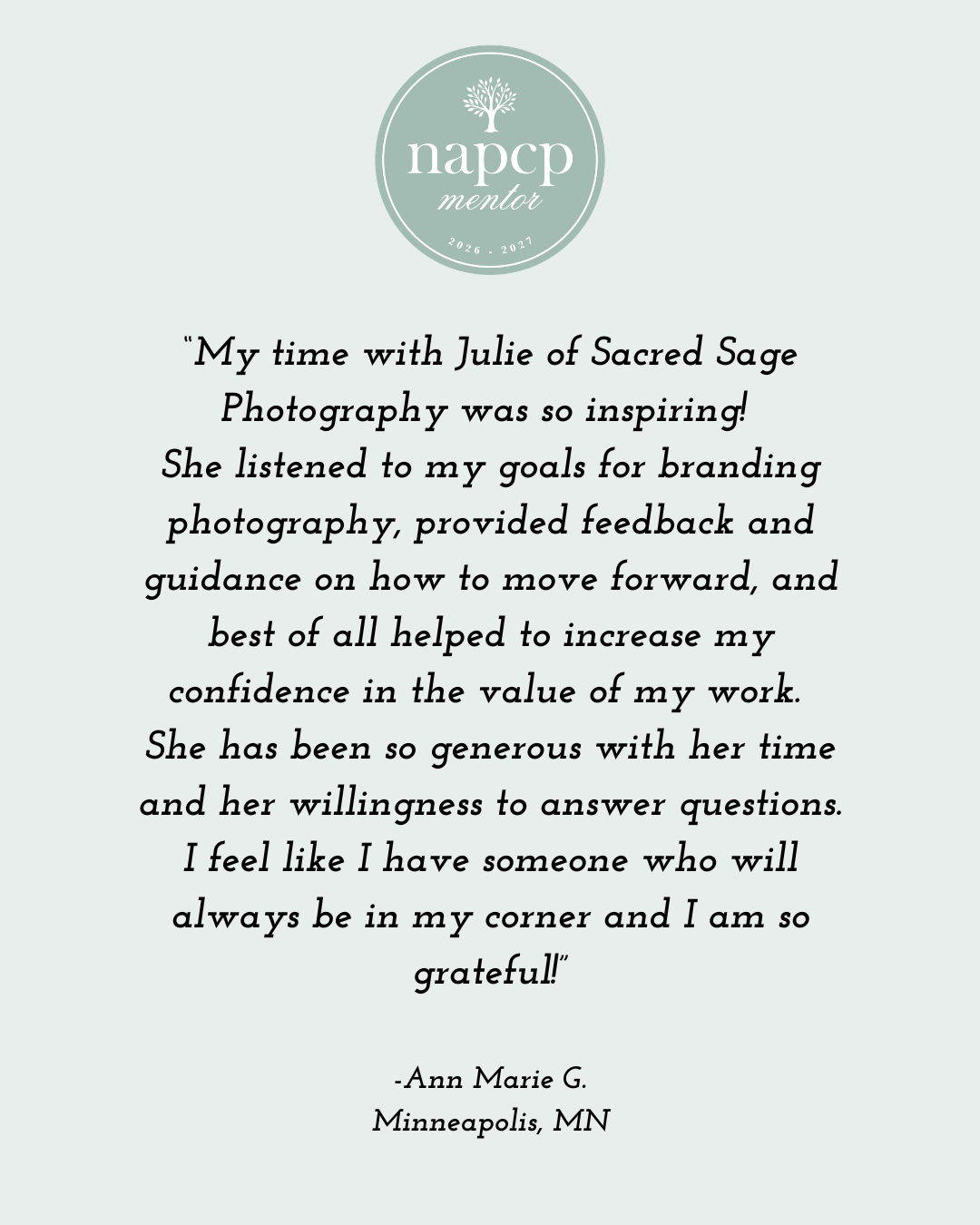 NAPCP mentor badge with a glowing testimonial  praising Sacred Sage Photography and Julie Hamlin's branding sessions.