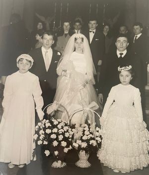 A series of vintage black and white photographs showing formal occasions with floral arrangements and white dresses.