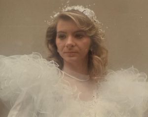 A sequence of vintage-style portraits showing a person in a flowing white lace dress with ethereal lighting effects.