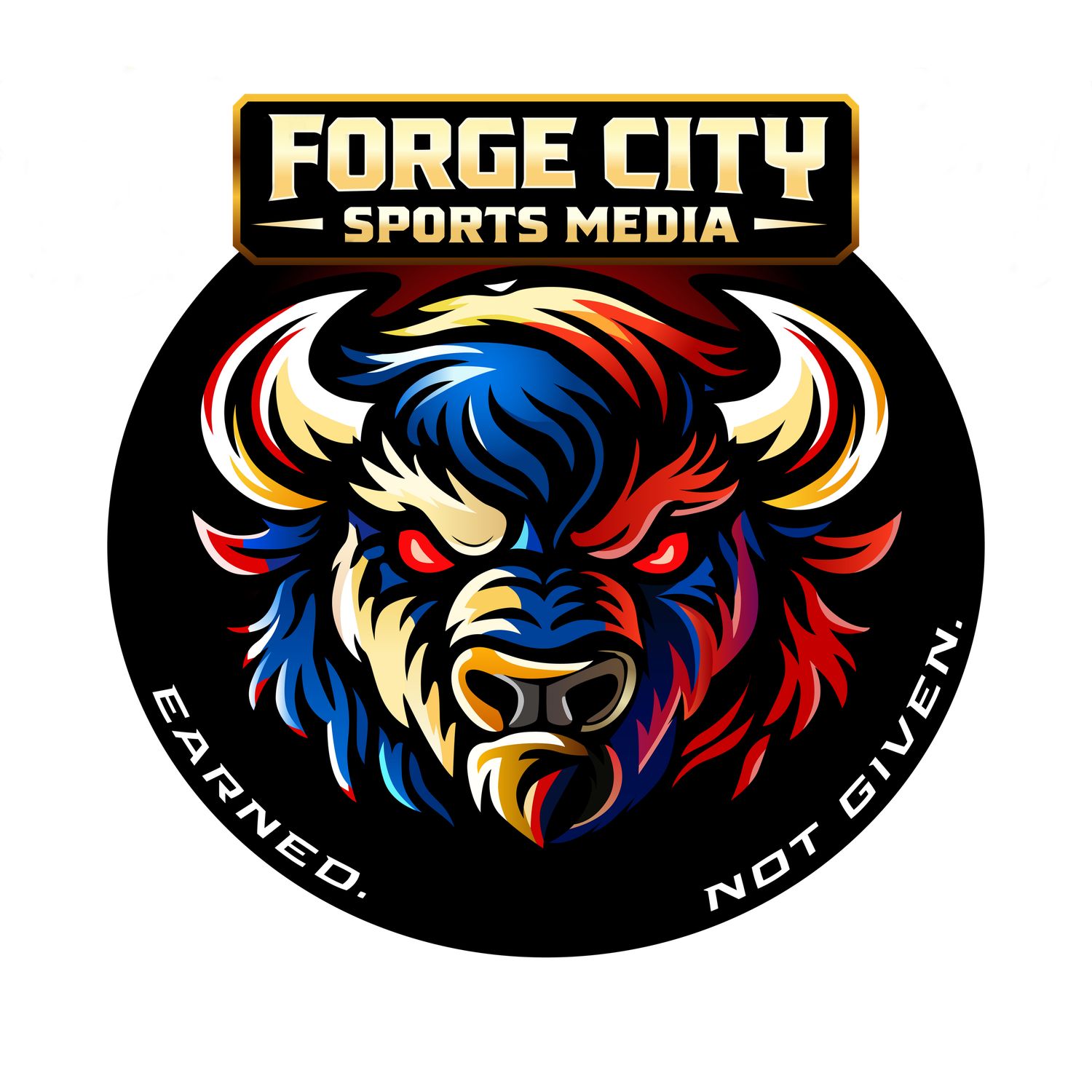 Forge city sports media logo with bold text and fierce buffalo