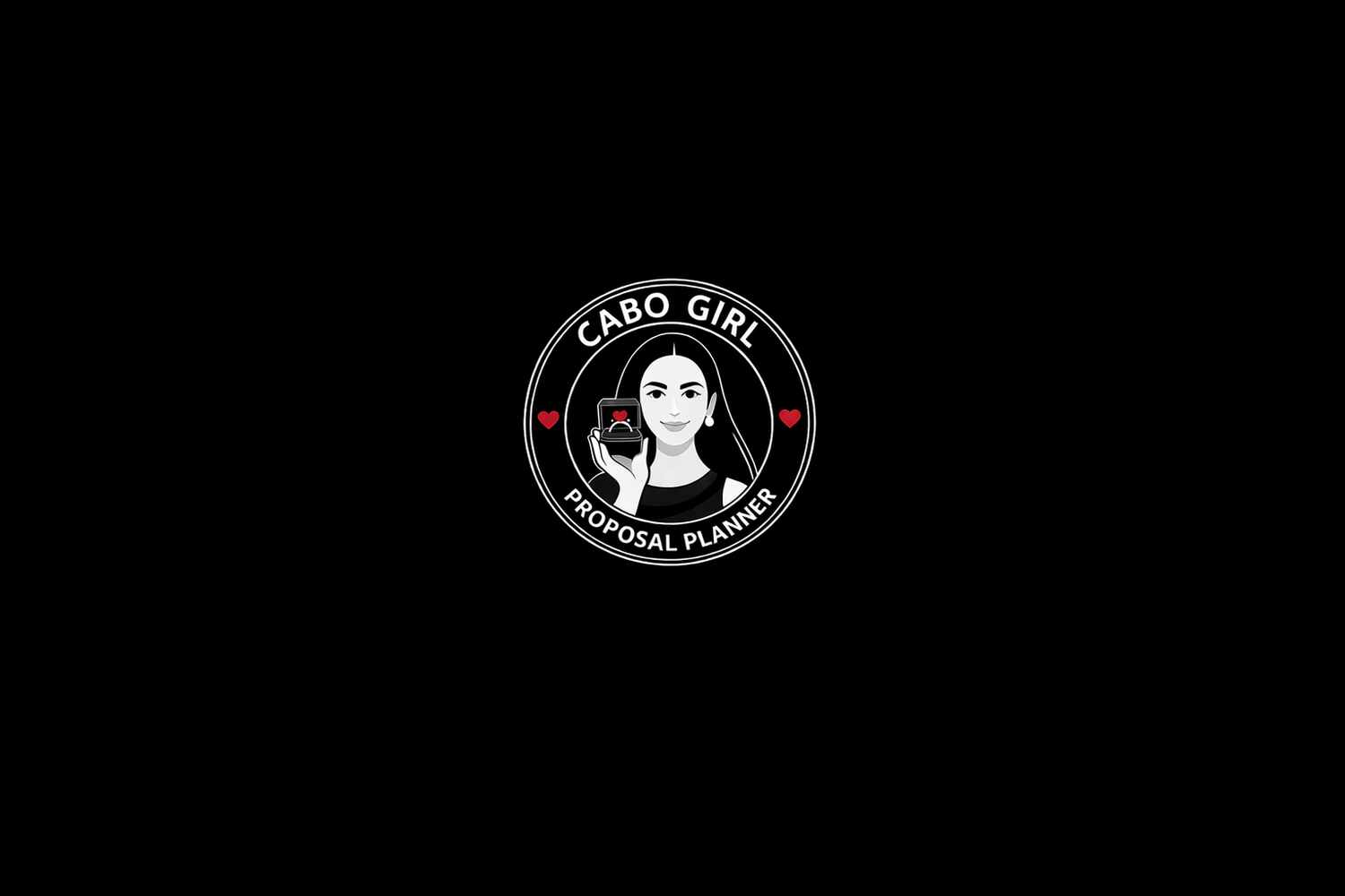 Cabo Girl Proposal Planner logo featuring a woman holding a ring box, encircled by a black border with red hearts.