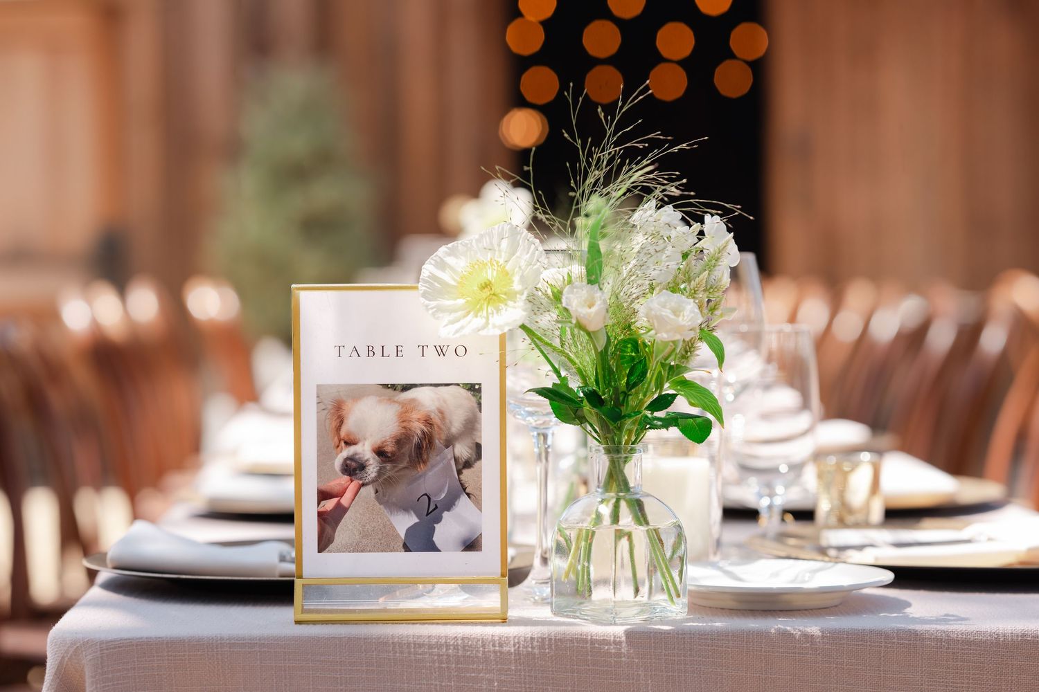 Wedding reception table decor features elegant place settings with white linens and delicate floral centerpieces.