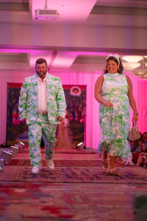 Models walk the runway wearing their coordinated Lilly Pullitzer mint green floral print outfits during the Azalea spring fashion show 2026.