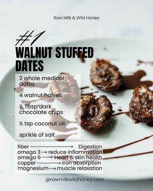Walnut stuffed dates recipe card with dark chocolate and coconut oil ingredients.