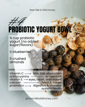 Probiotic yogurt bowl recipe card with blueberries and almonds from Raw Milk & Wild Honey.