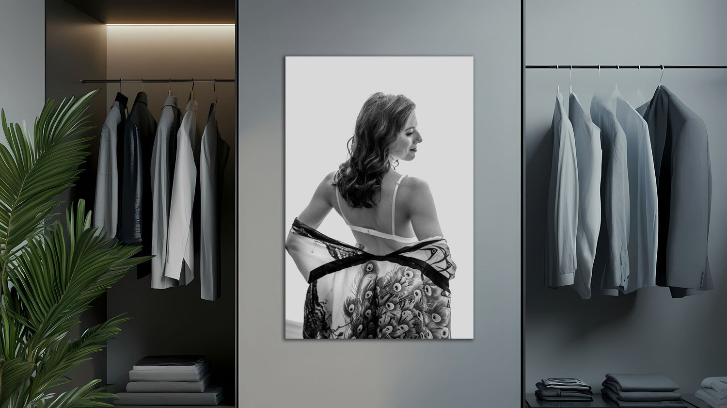 Black and white photo of a woman in an elegant dress displayed as wall art in a modern closet.