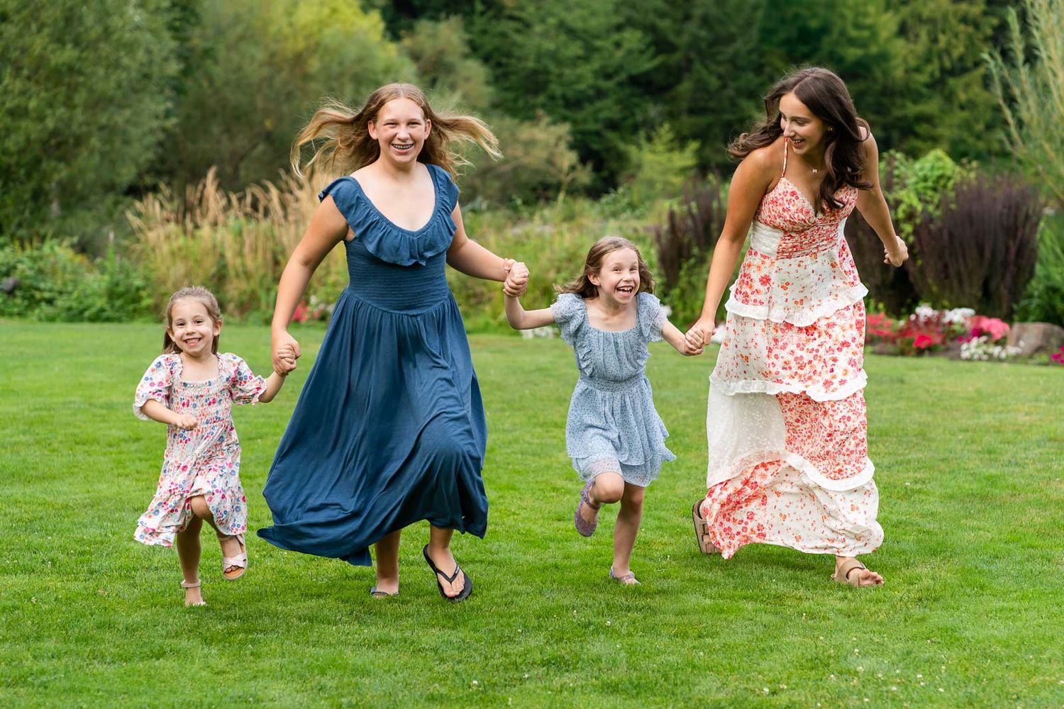 Kids running quickly in a garden.