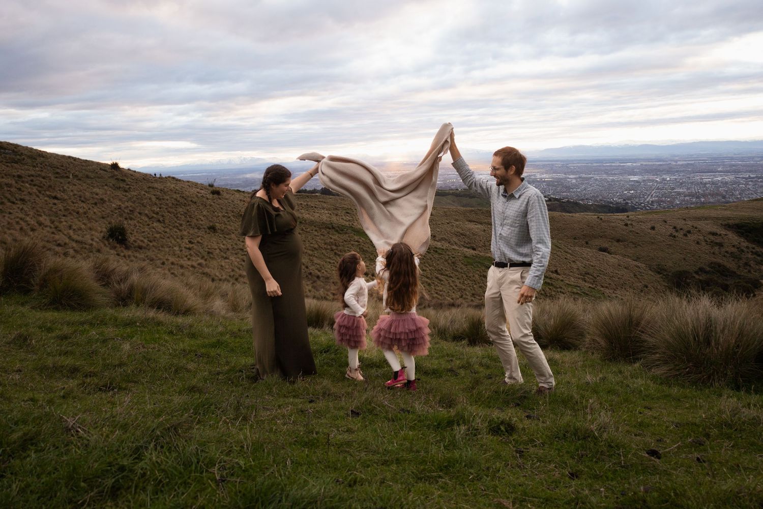 Family maternity session at Port hills at sunset Christchurch