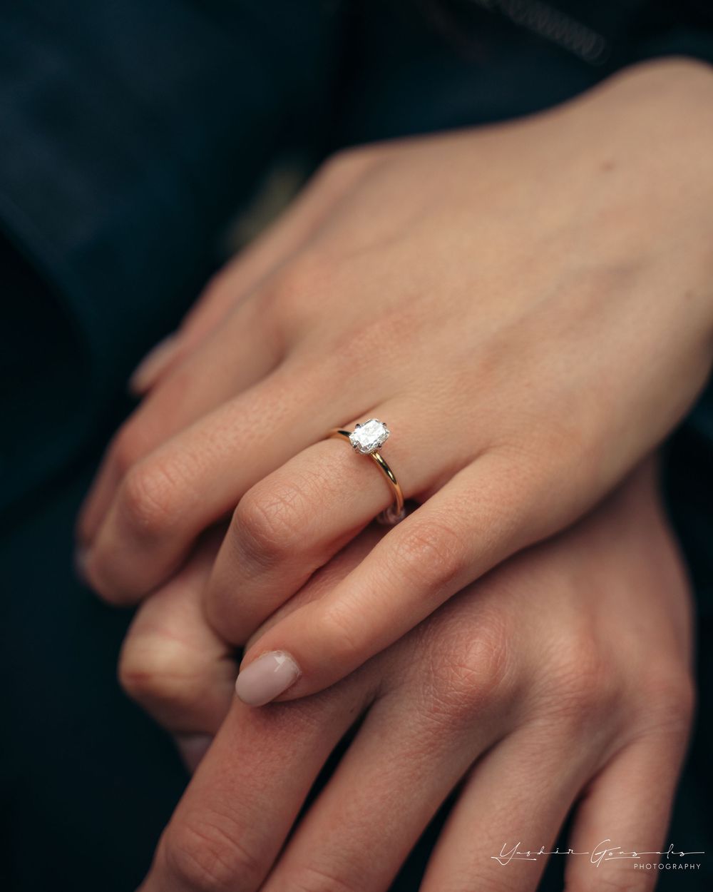 Close-up of a delicate rose gold solitaire diamond engagement ring on a womans hand over her partners hand.

Vancouver Canada Scene
