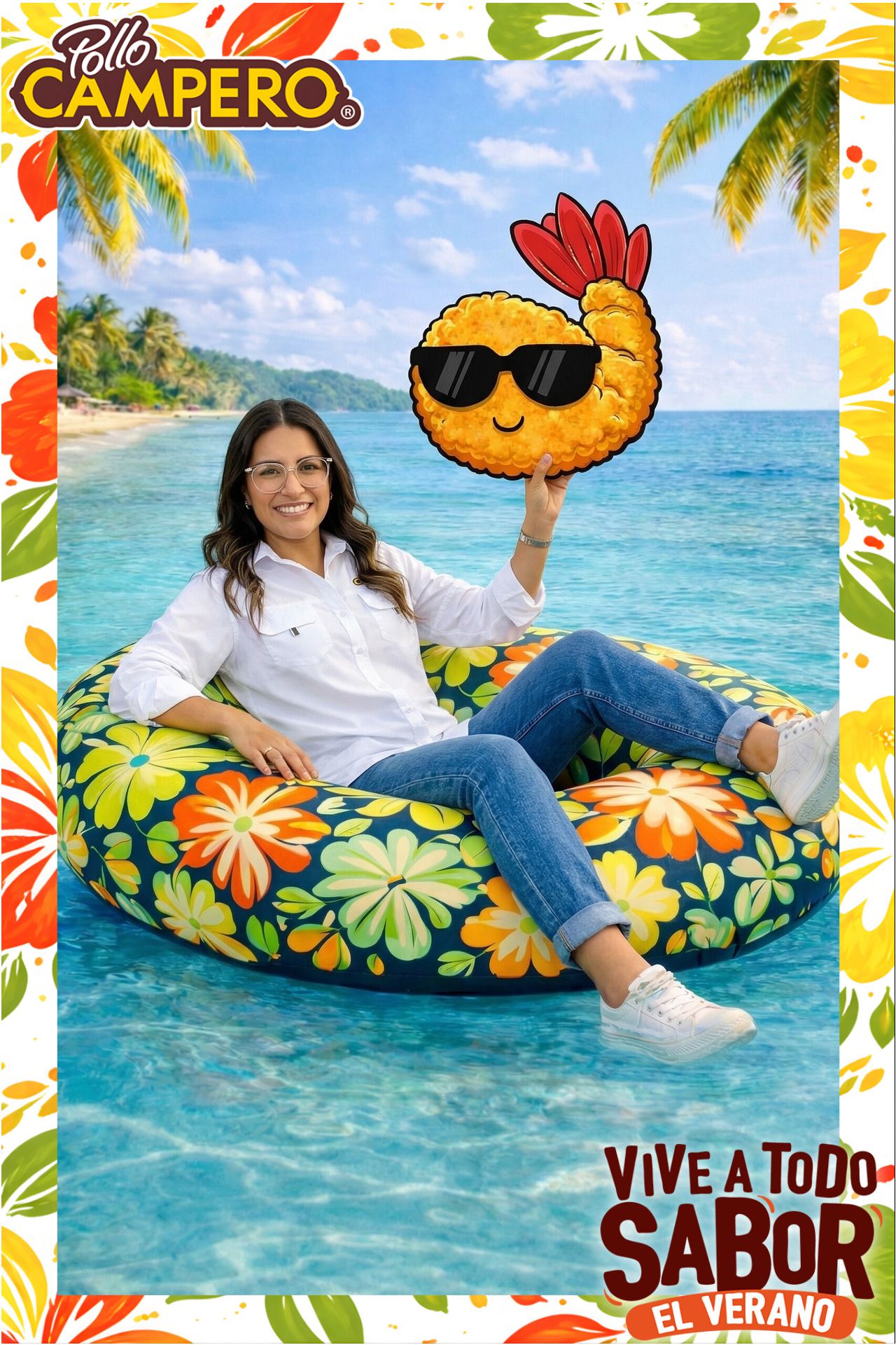 Person lounging on colorful floral pool float in tropical blue waters with palm trees and mountains in background.
