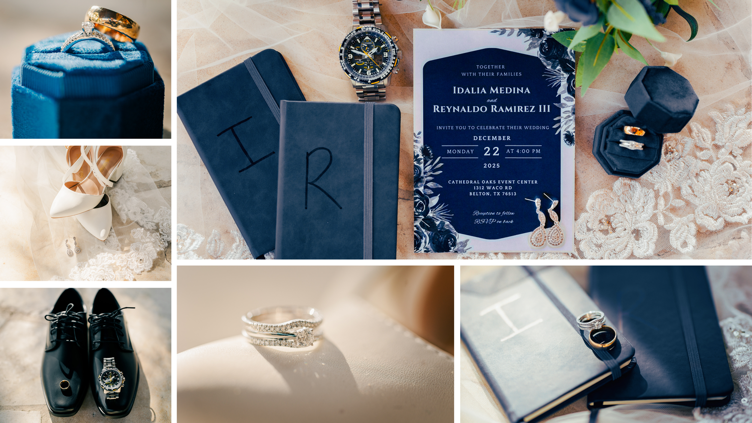 Photo collage of images with navy colored wedding details including invitation, vow books, rings, and shoes