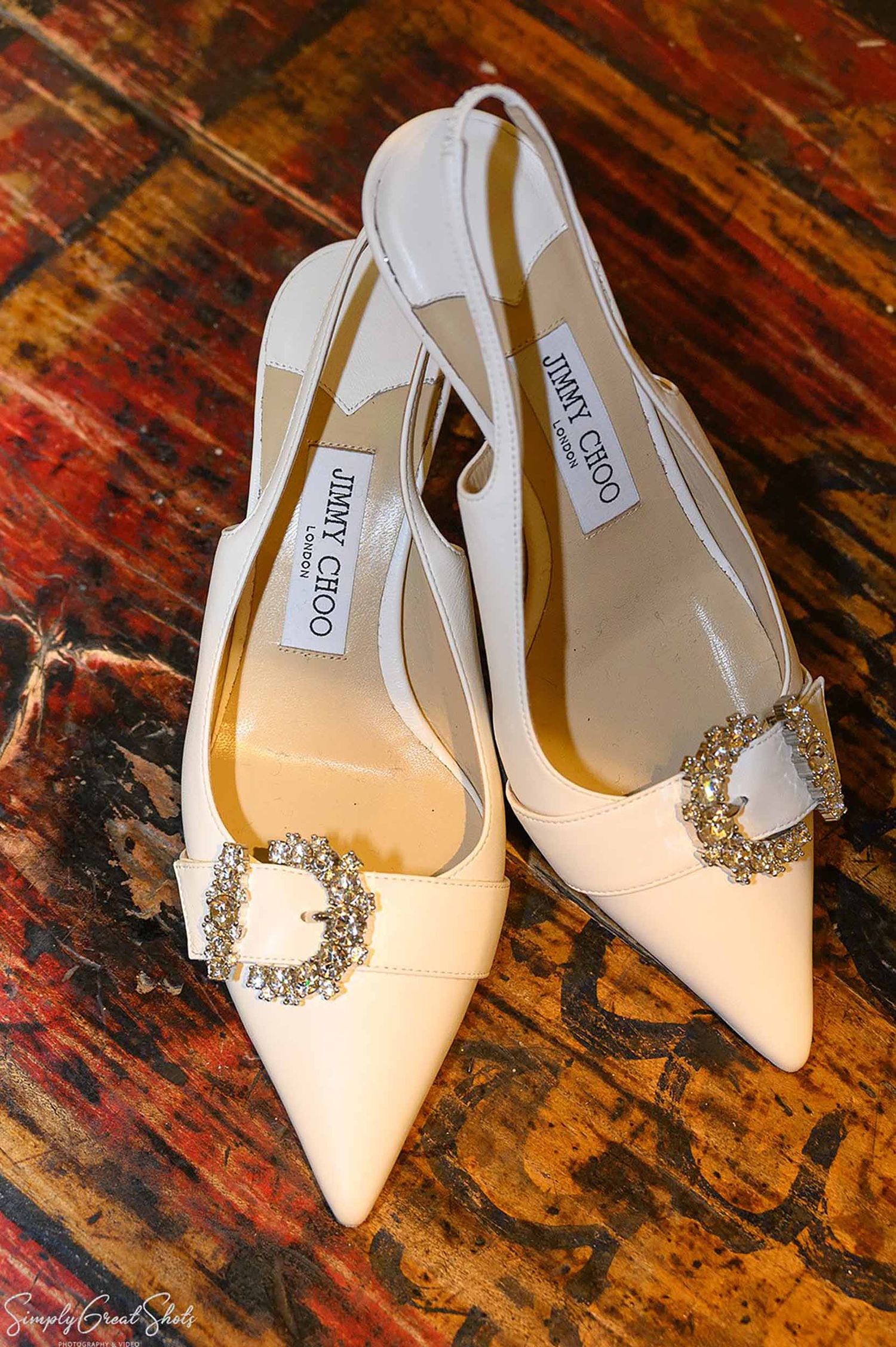 Bride's Jimmy Choo wedding shoes with crystal buckle detail at The Saxon Mill, Warwick – bridal detail photography by SimplyGreatShots