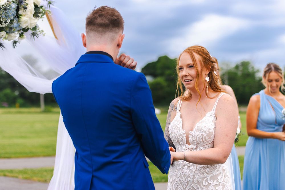 Wedding party poses in a line on grassy field under blue summer sky.