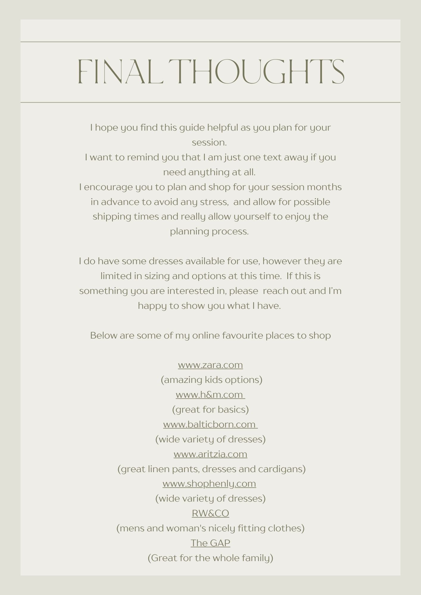 A minimalist page titled 'Final Thoughts' with a list of website links and text in light gray against a white background.