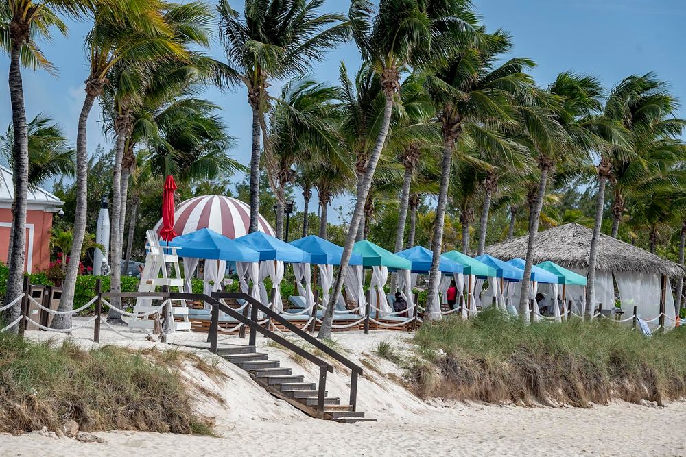 Tropical beach resort with colorful umbrellas, palm trees swaying in wind, and thatched huts on white sandy shore.