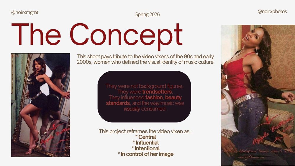 Presentation slide titled The Concept describing a photo shoot paying tribute to video vixens of the 90s and 2000s.