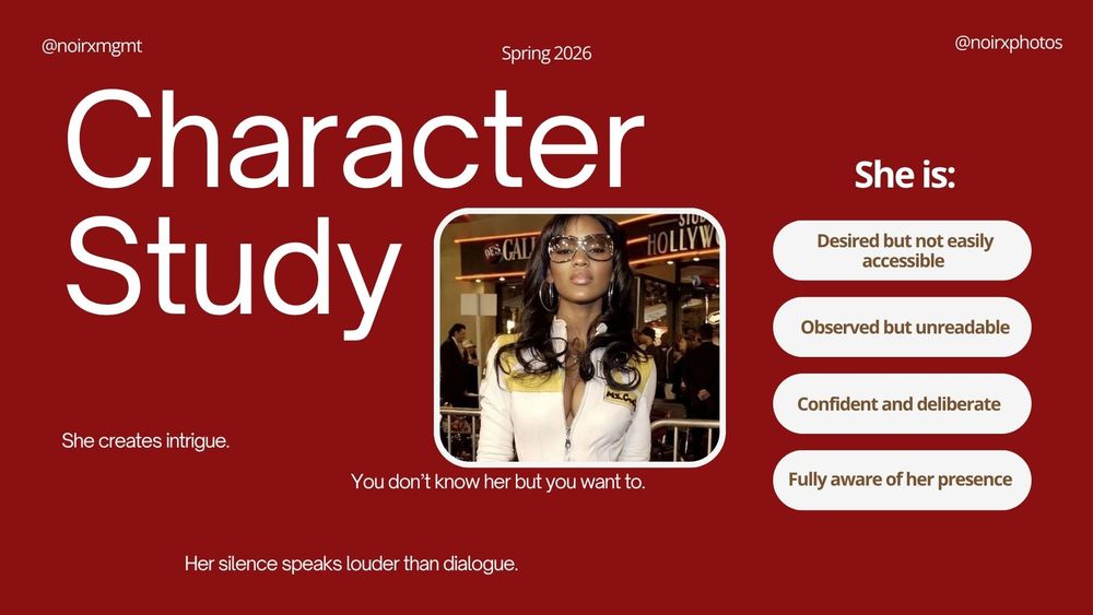 Presentation slide titled Character Study describing a confident, deliberate woman who creates intrigue and mystique.