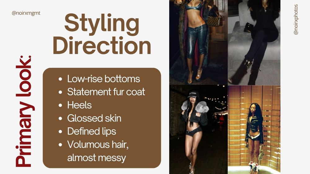 Presentation slide titled Styling Direction listing primary look elements including fur coat, heels, and voluminous hair.