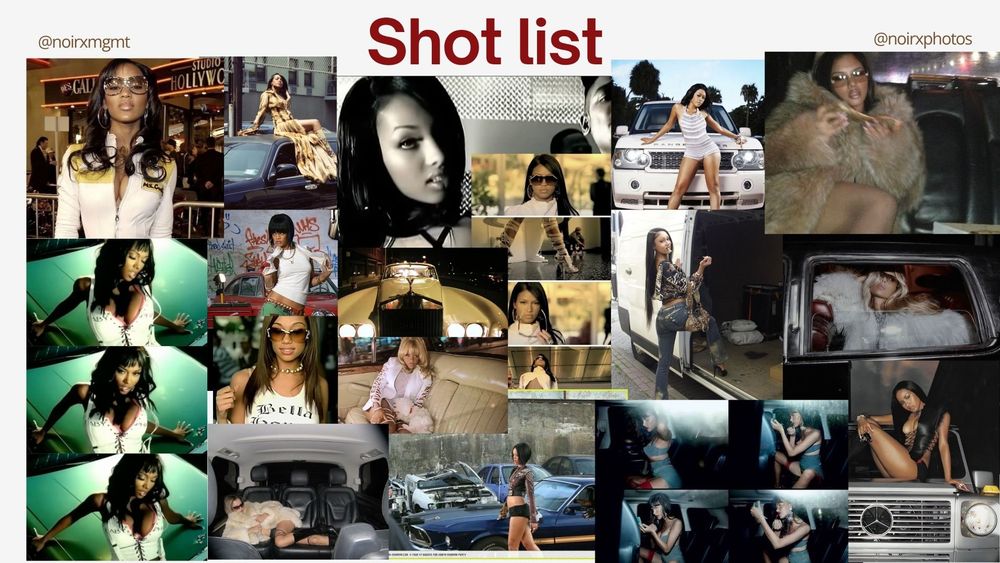 A mood board shot list featuring diverse fashion and lifestyle photography references for a professional photo shoot.