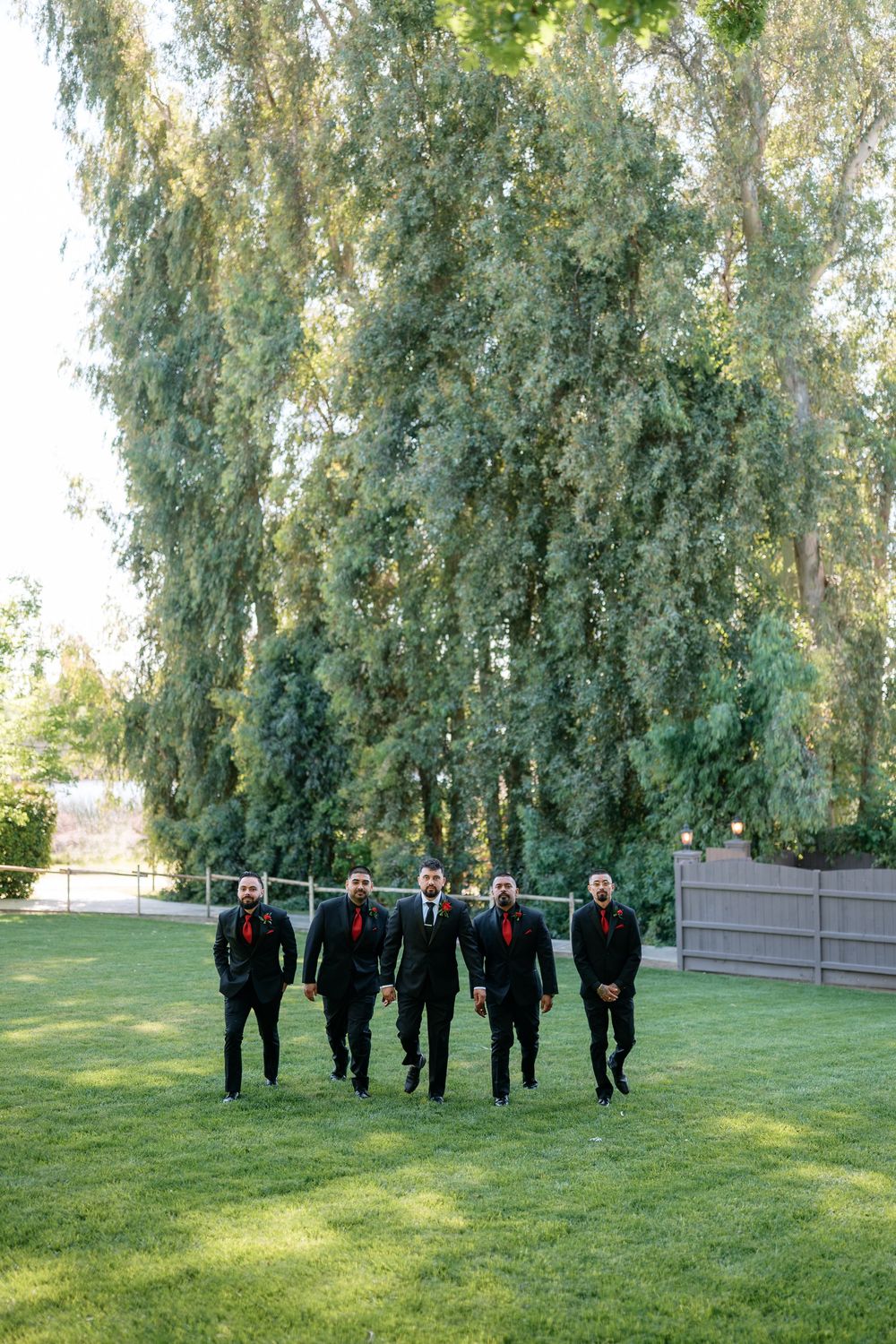 Groom and groomsmen in black suits with red ties walking across green lawn with weeping willow trees.