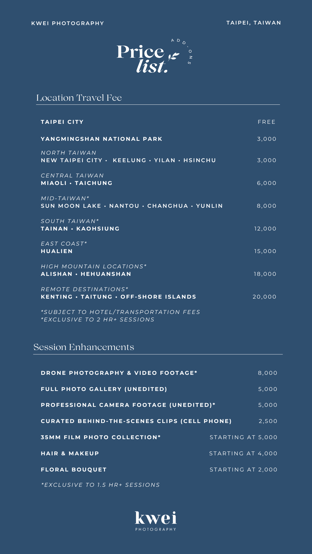 Professional photography price list showing travel fees and services for various locations in Taiwan with blue and white color scheme.