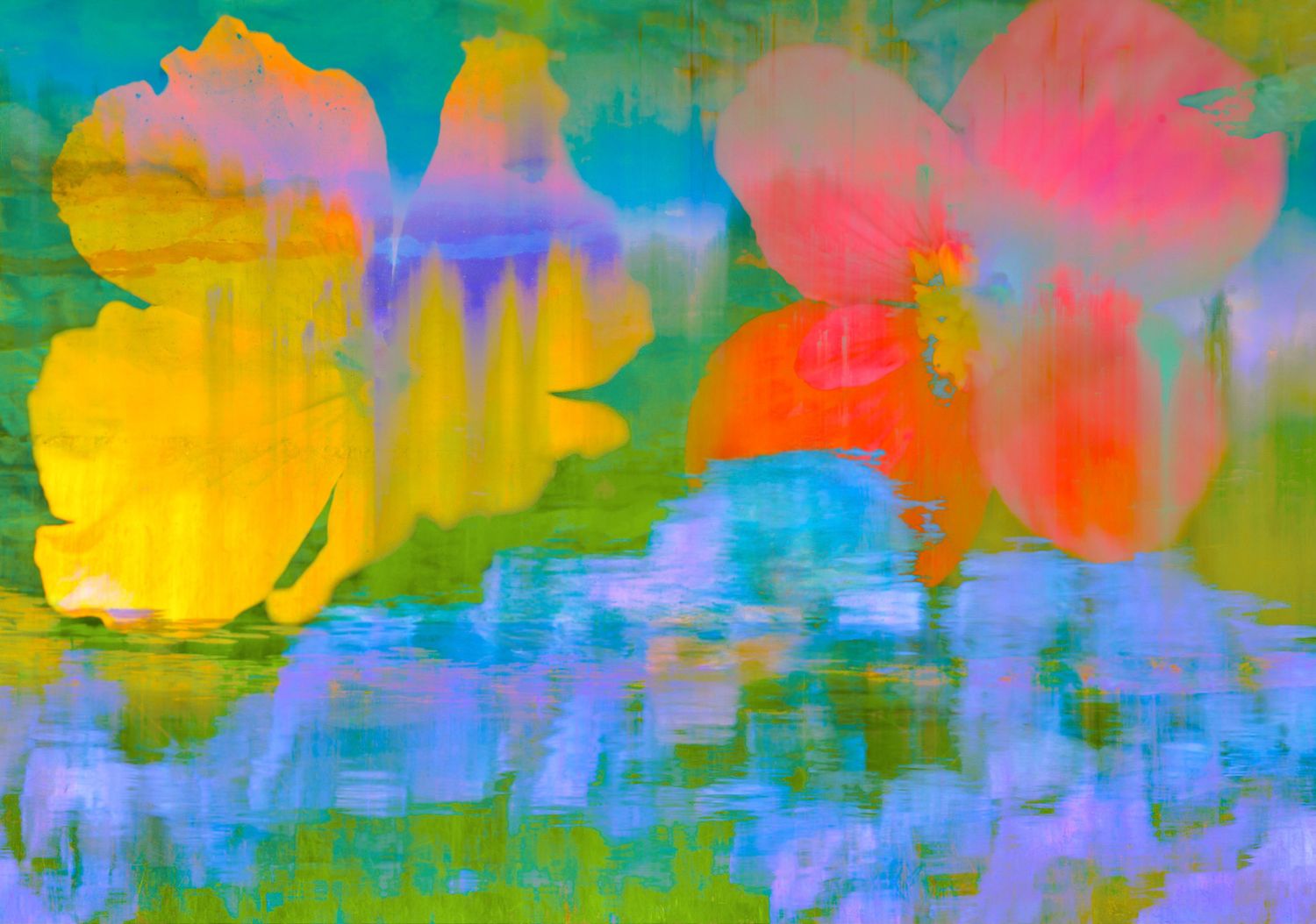 Vibrant abstract painting featuring large yellow and pink flowers on a green background with blue and purple brushstrokes.