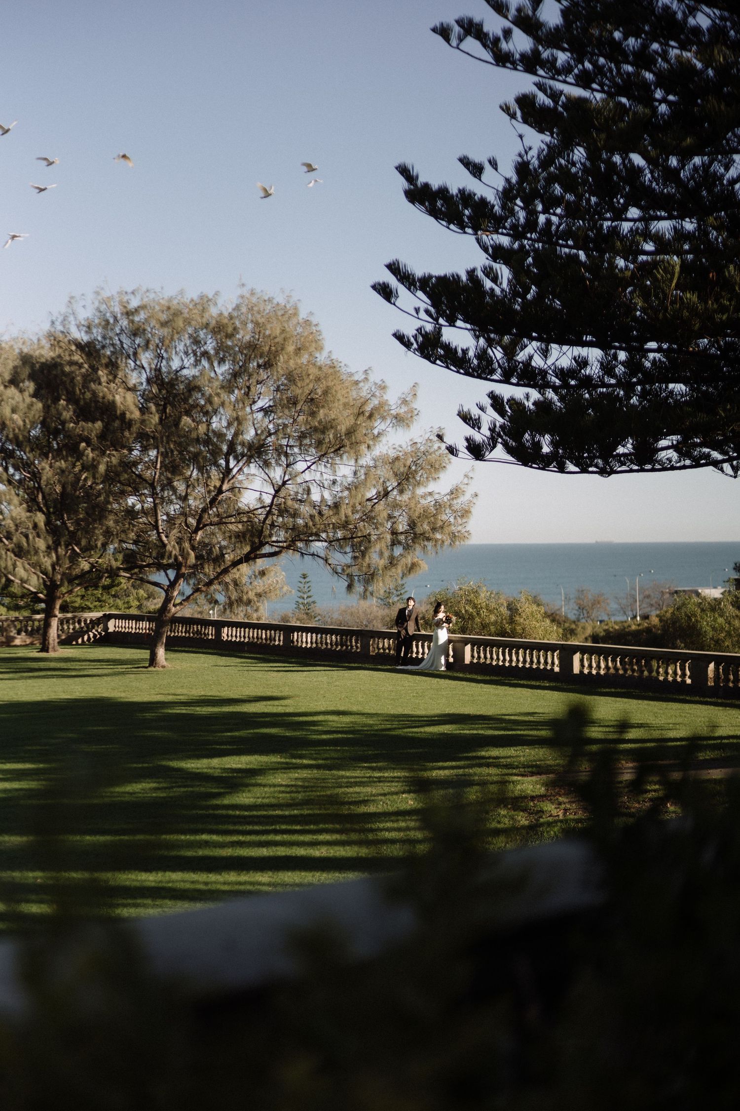 Bride and groom stand by stone balustrade on lush green lawn with ocean and trees in background.