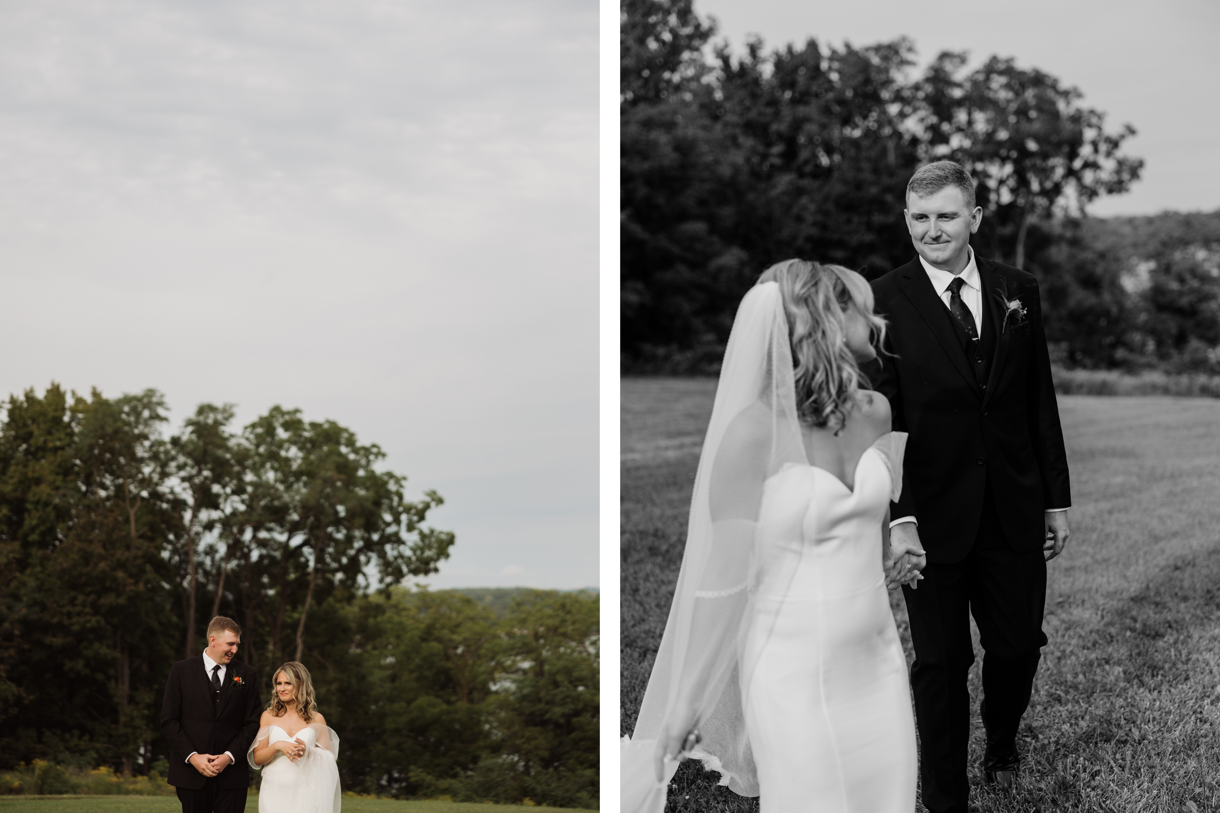 Bride and groom sunset portraits overlooking lakeside property in Auburn NY