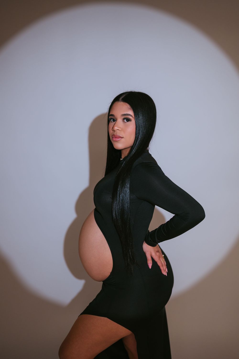 Elegant maternity studio photography session in New Jersey with neutral background