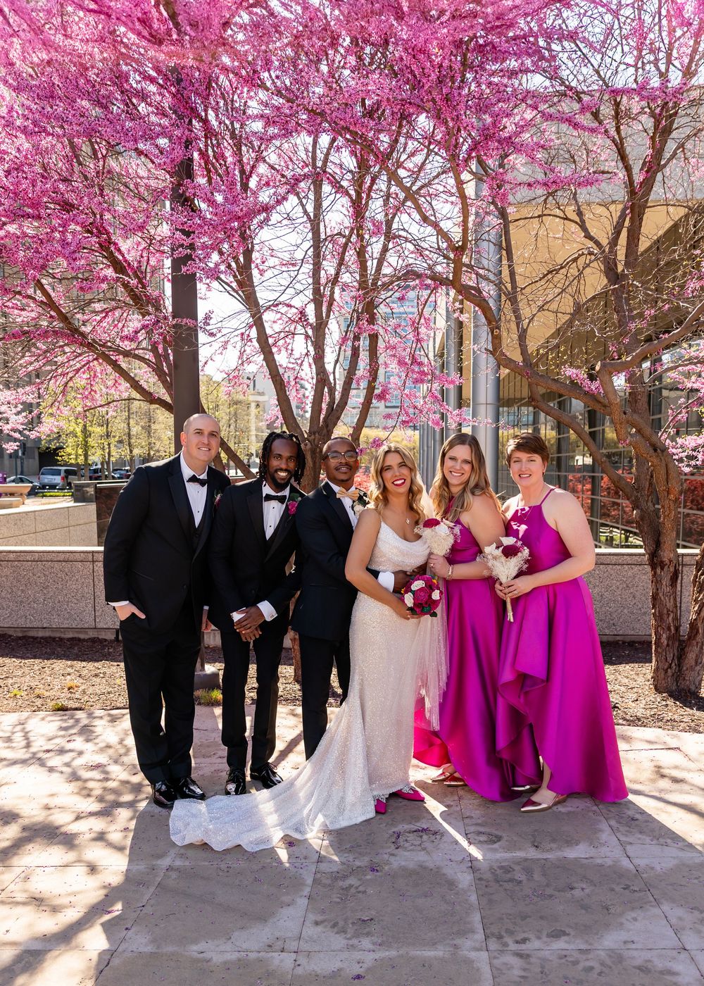 Wedding party poses under pink blooming trees in spring, bride in white gown with bridesmaids in magenta dresses  in downtown Omaha, NE