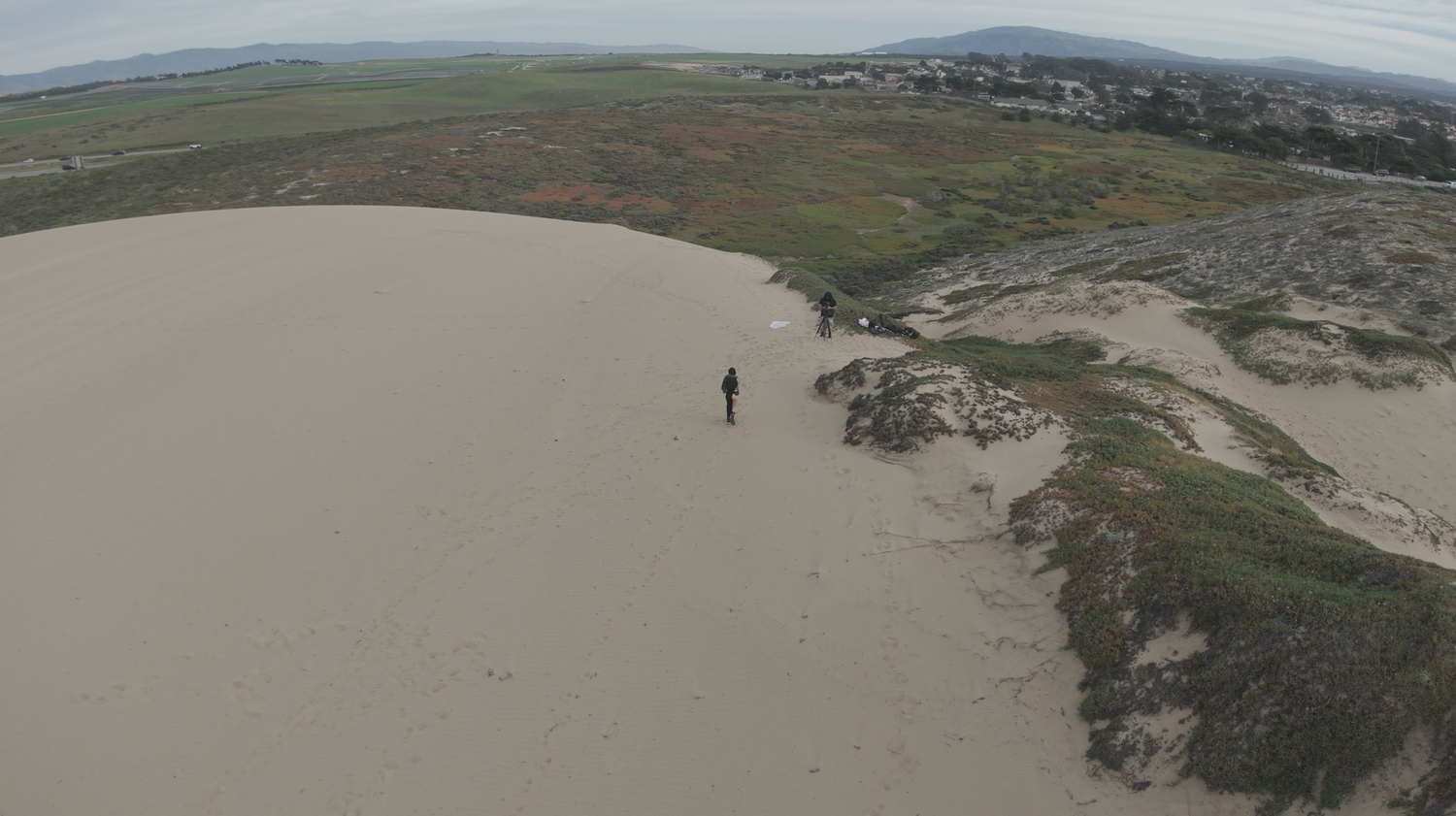 A panoramic aerial view of coastal dunes and beaches stretches along the shoreline under cloudy skies.