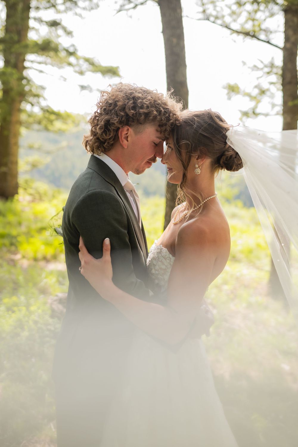 Romantic wedding couple embraces in soft sunlit forest setting with dreamy veil effect creating ethereal atmosphere.