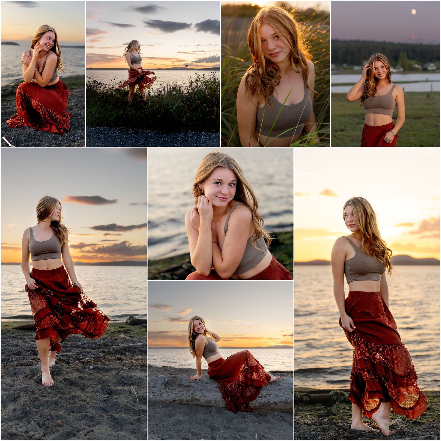 Sunset beach photoshoot with flowing red dress against dramatic sky by Filling the Frame Photography's at Lopez Island in San Juan Islands.