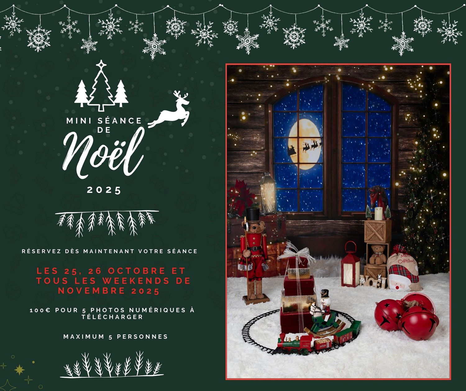 Une annonce pour une séance photo de Noël avec des gnomes, des cadeaux et des flocons de neige dans un décor hivernal.