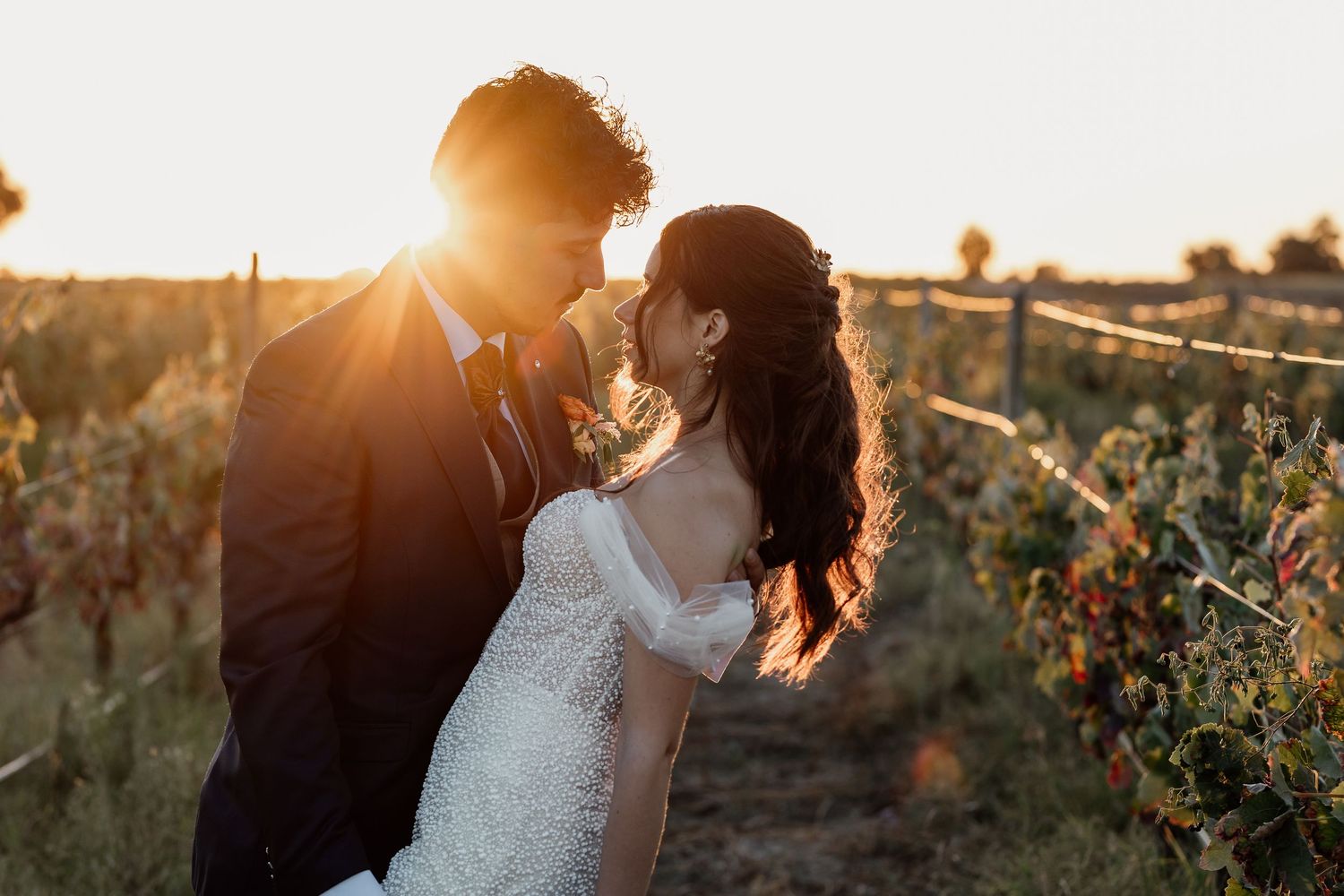 Golden hour wedding portrait in vineyard with dramatic backlight.